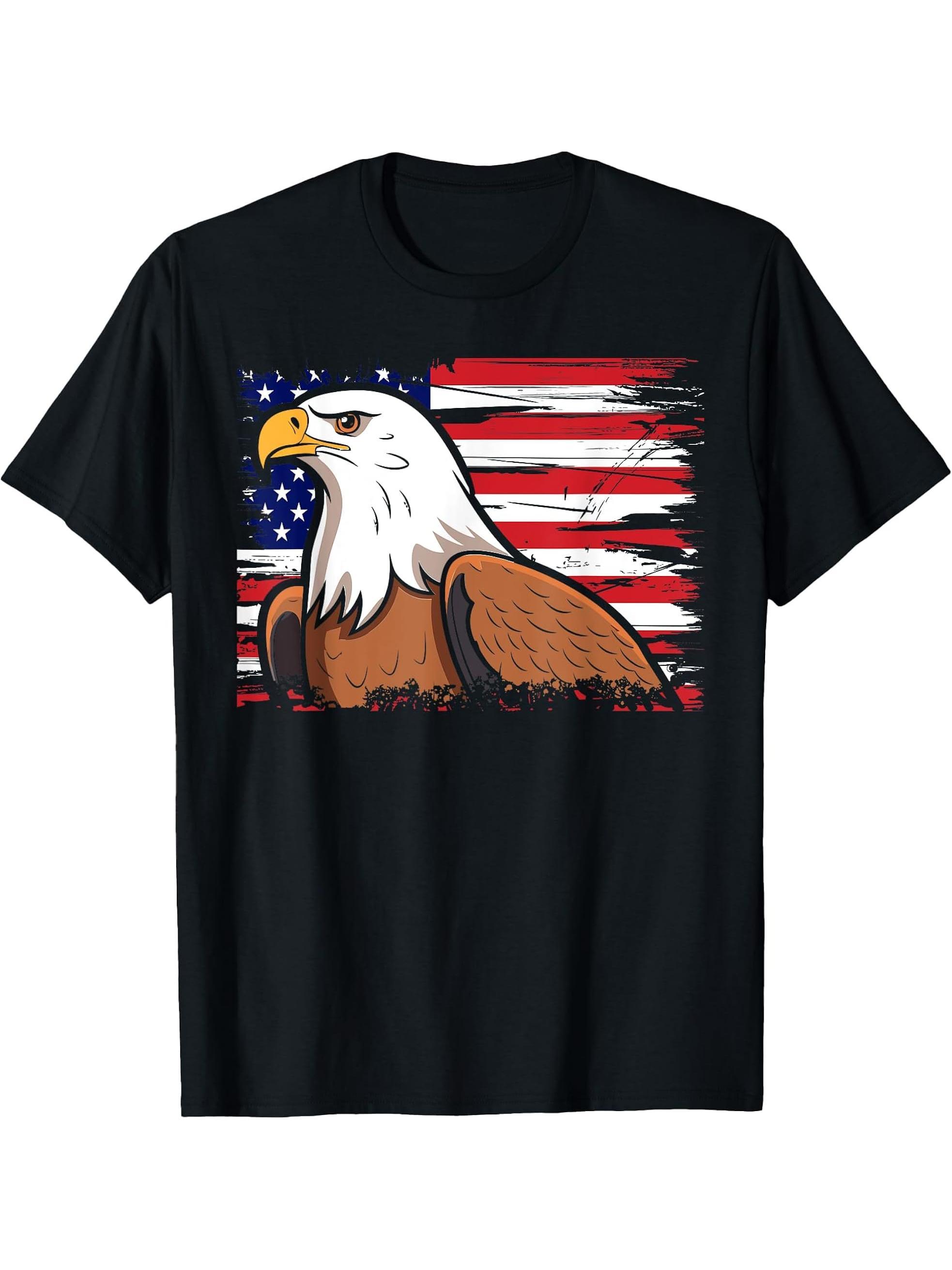 Bald Eagle US American Flag 4th Of July Proud Patriotic T-Shirt 180G 100% Cotton Printed Round Neck Short-Sleeve T-Shirt, Gifts for Men Dad Husband Grandpa, S-XXXL, Black