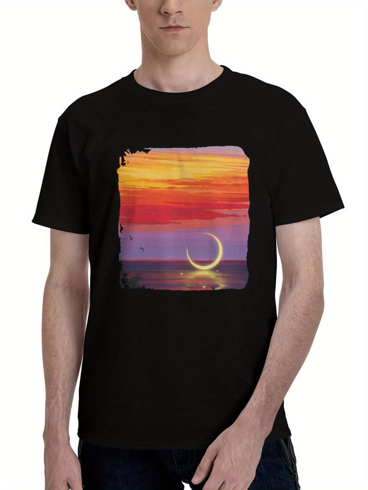 Airplane-Sunset Water Birds And 180G 100% Cotton Printed Round Neck Short-Sleeve T-Shirt, Christmas Gifts for Men Dad Husband Grandpa, S-XXXL, Black