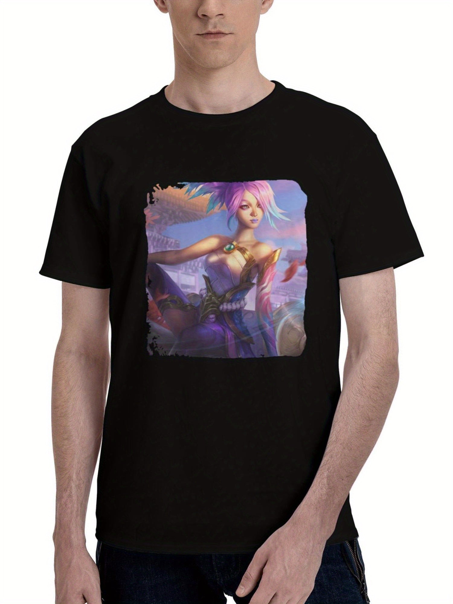 Akali-Spirit Blossom 180G 100% Cotton Printed Round Neck Short-Sleeve T-Shirt, Christmas Gifts for Men Dad Husband Grandpa, S-XXXL, Black