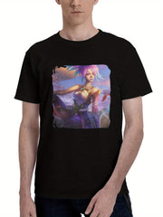 Akali-Spirit Blossom 180G 100% Cotton Printed Round Neck Short-Sleeve T-Shirt, Christmas Gifts for Men Dad Husband Grandpa, S-XXXL, Black