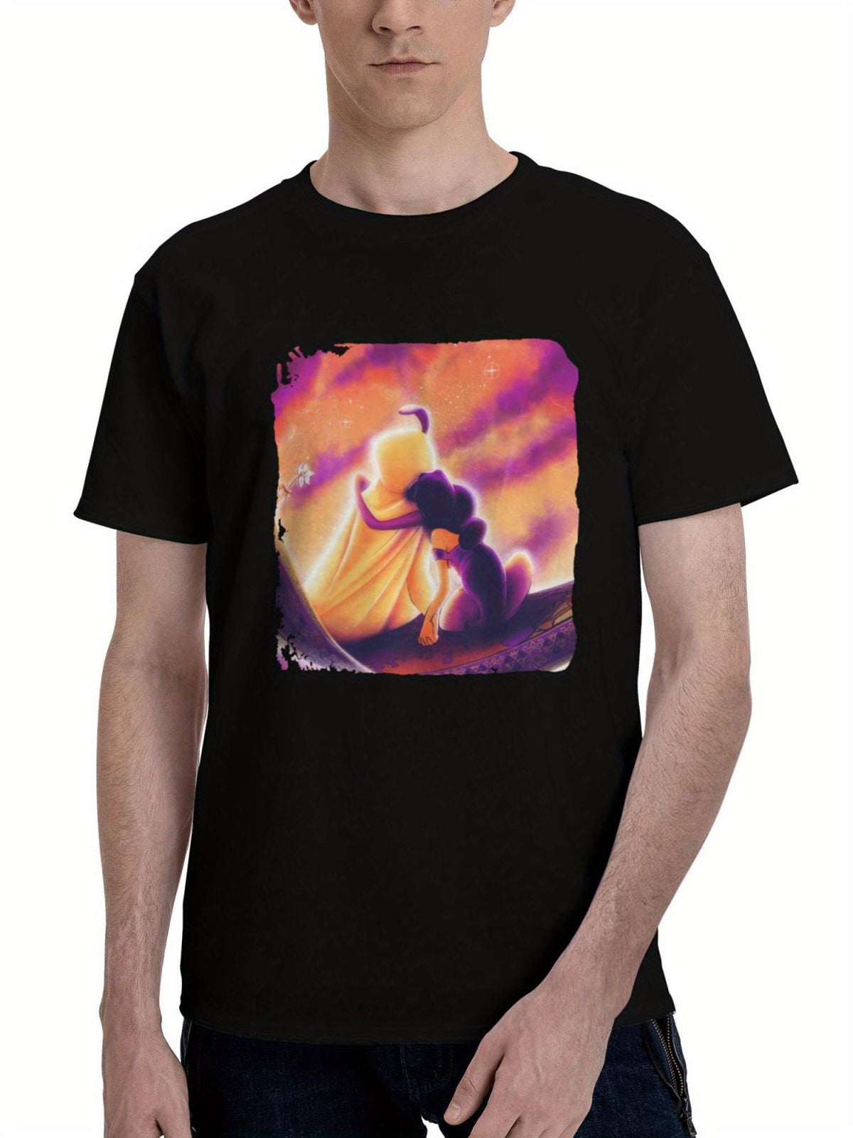 Aladdin-And Jasmine 180G 100% Cotton Printed Round Neck Short-Sleeve T-Shirt, Christmas Gifts for Men Dad Husband Grandpa, S-XXXL, Black