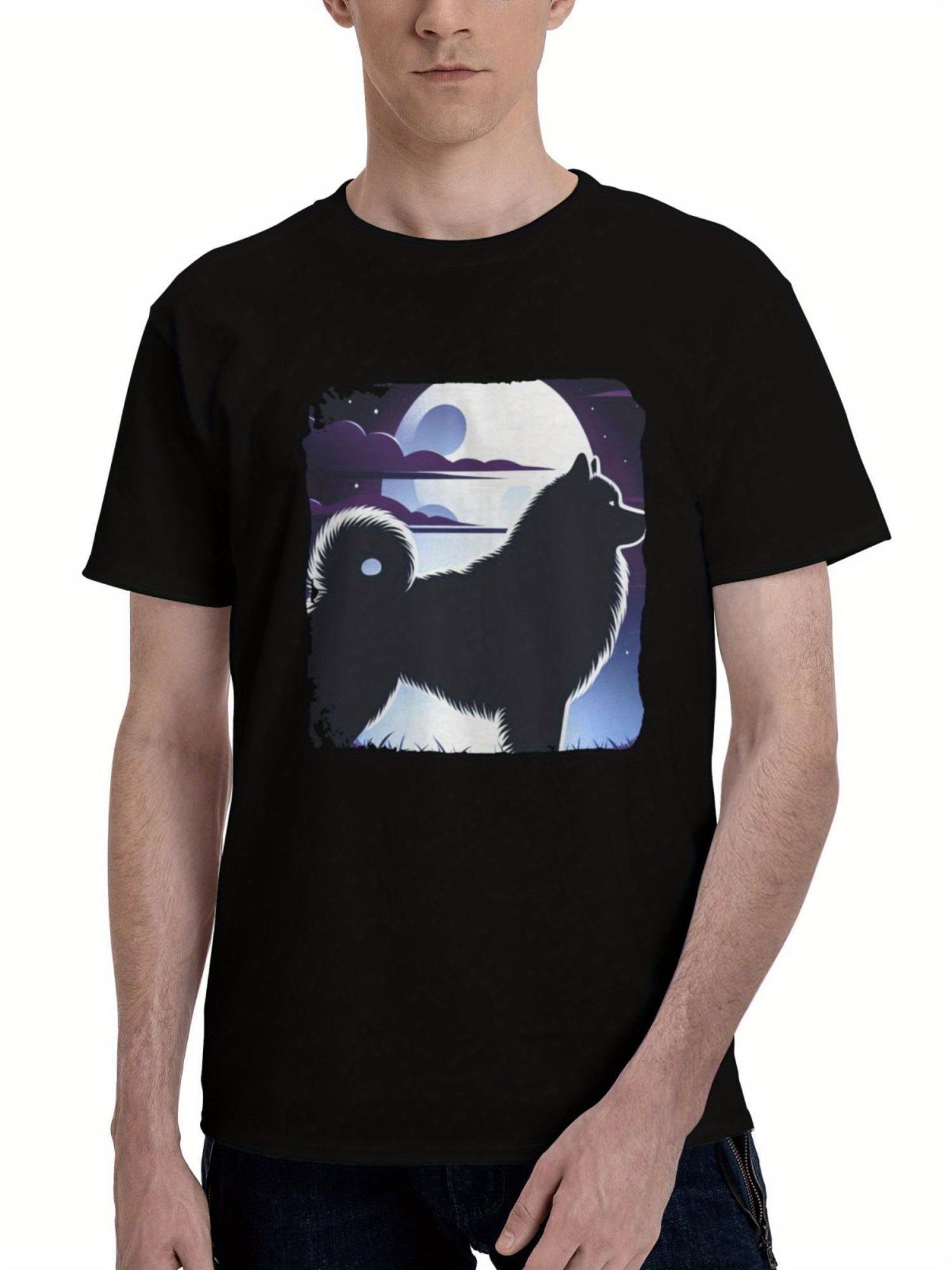 Alaskan-Malamute Moonlit 180G 100% Cotton Printed Round Neck Short-Sleeve T-Shirt, Christmas Gifts for Men Dad Husband Grandpa, S-XXXL, Black