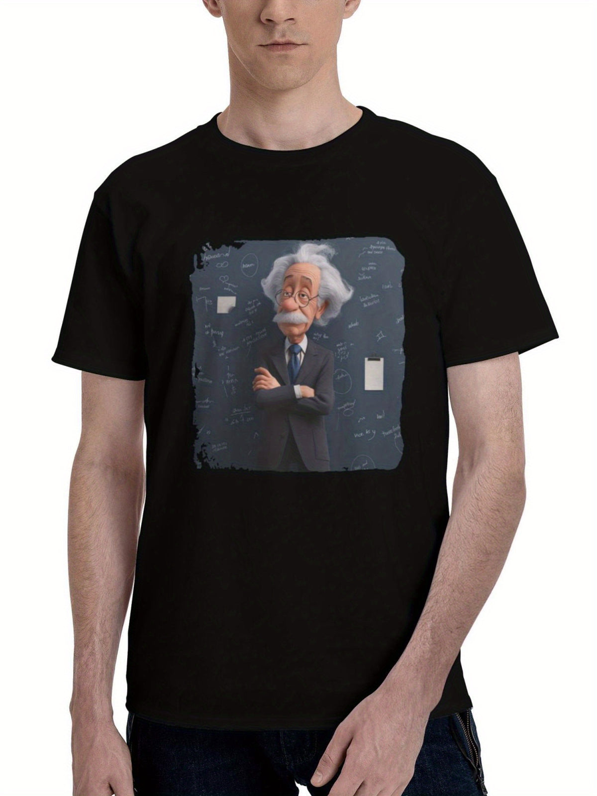 Albert-Einstein 180G 100% Cotton Printed Round Neck Short-Sleeve T-Shirt, Christmas Gifts for Men Dad Husband Grandpa, S-XXXL, Black