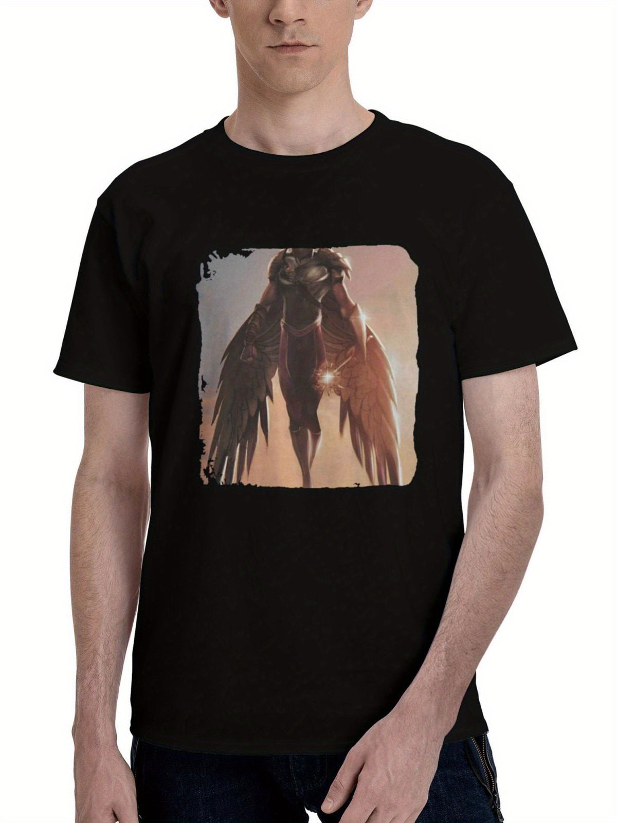 Aldis-Hodge As Hawkman In Black Adam 180G 100% Cotton Printed Round Neck Short-Sleeve T-Shirt, Christmas Gifts for Men Dad Husband Grandpa, S-XXXL, Black
