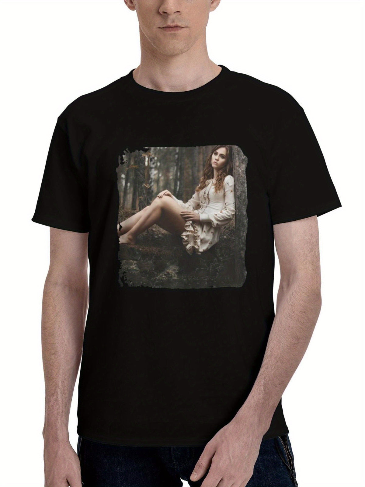 Alena-Sarsarova Model In Forest 180G 100% Cotton Printed Round Neck Short-Sleeve T-Shirt, Christmas Gifts for Men Dad Husband Grandpa, S-XXXL, Black