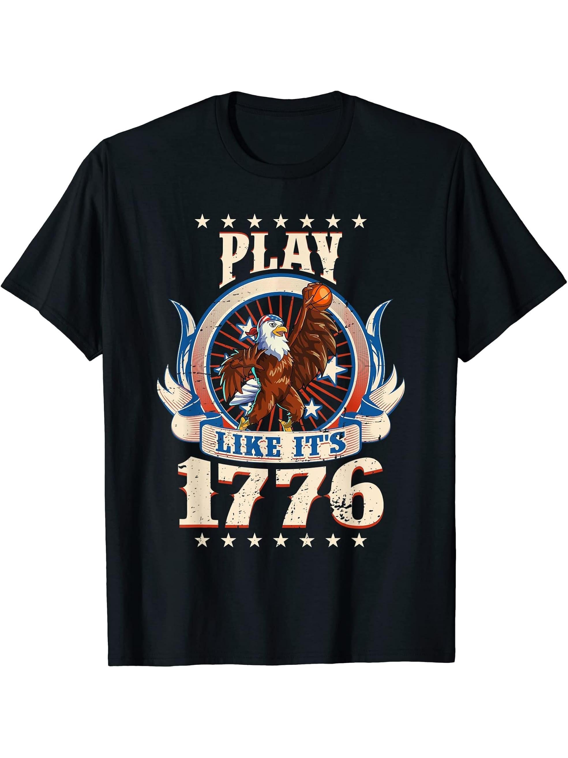 Basketball American Bald Eagle 4th Of July Boys Men USA Flag T-Shirt 180G 100% Cotton Printed Round Neck Short-Sleeve T-Shirt, Gifts for Men Dad Husband Grandpa, S-XXXL, Black