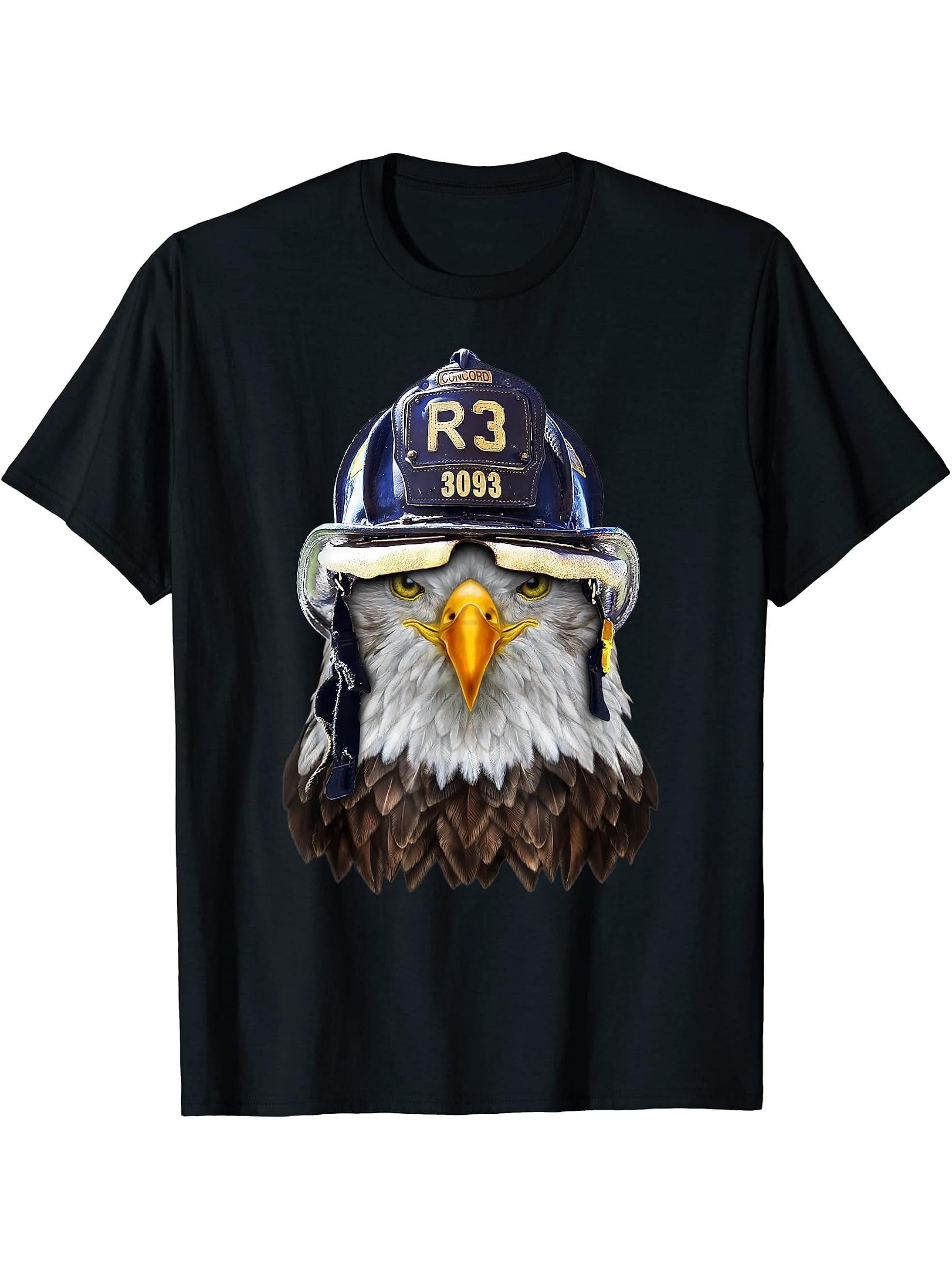 Bald Eagle in Firefighter Helmet - T-Shirt 180G 100% Cotton Printed Round Neck Short-Sleeve T-Shirt, Gifts for Men Dad Husband Grandpa, S-XXXL, Black