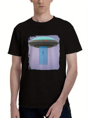 Alien-Space Ship Capturing Human Minimal 180G 100% Cotton Printed Round Neck Short-Sleeve T-Shirt, Christmas Gifts for Men Dad Husband Grandpa, S-XXXL, Black
