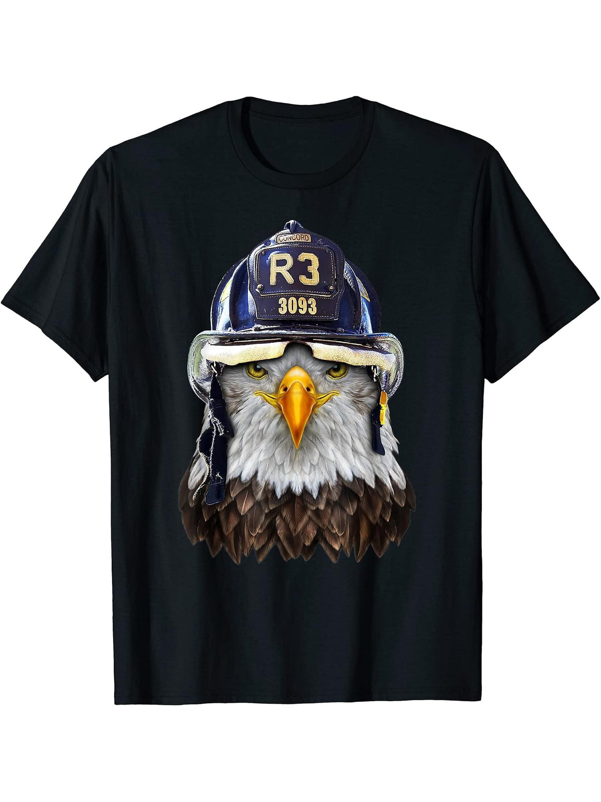 Bald Eagle in Firefighter Helmet - T-Shirt 180G 100% Cotton Printed Round Neck Short-Sleeve T-Shirt, Gifts for Men Dad Husband Grandpa, S-XXXL, Black