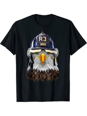 Bald Eagle in Firefighter Helmet - T-Shirt 180G 100% Cotton Printed Round Neck Short-Sleeve T-Shirt, Gifts for Men Dad Husband Grandpa, S-XXXL, Black