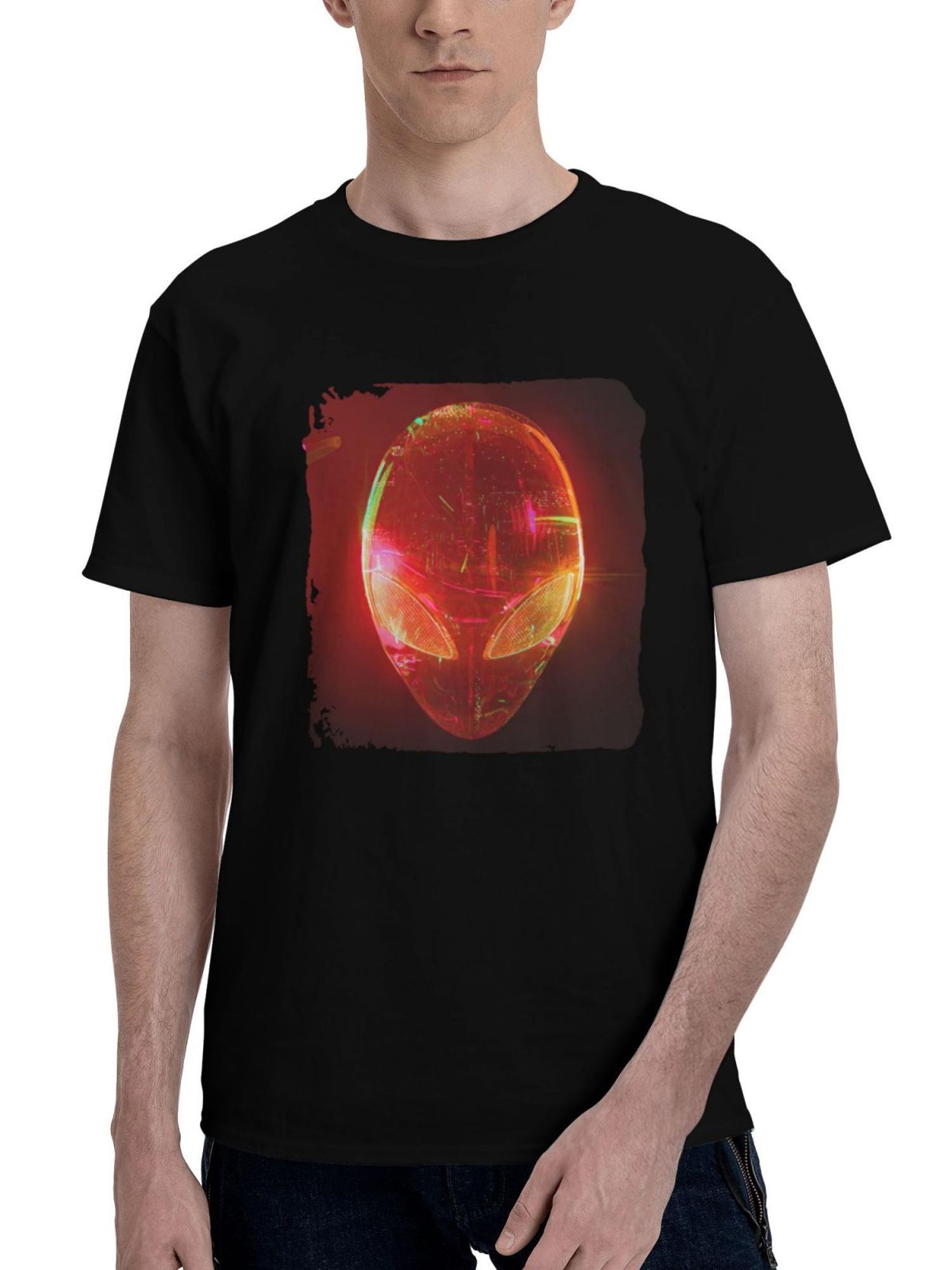 Alienware-Glowing Red 180G 100% Cotton Printed Round Neck Short-Sleeve T-Shirt, Christmas Gifts for Men Dad Husband Grandpa, S-XXXL, Black