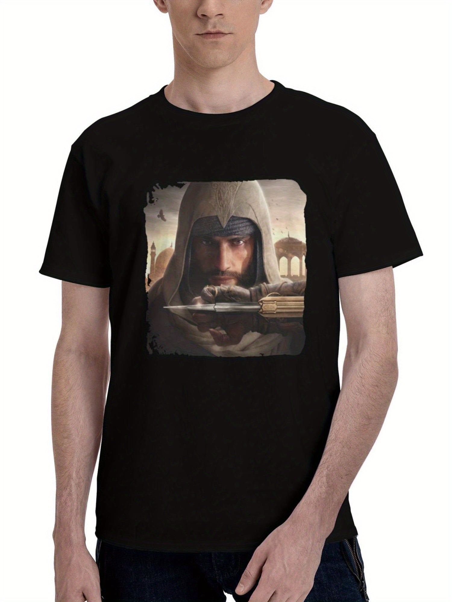 2023-Assassins Creed Mirage Ps5 180G 100% Cotton Printed Round Neck Short-Sleeve T-Shirt, Christmas Gifts for Men Dad Husband Grandpa, S-XXXL, Black