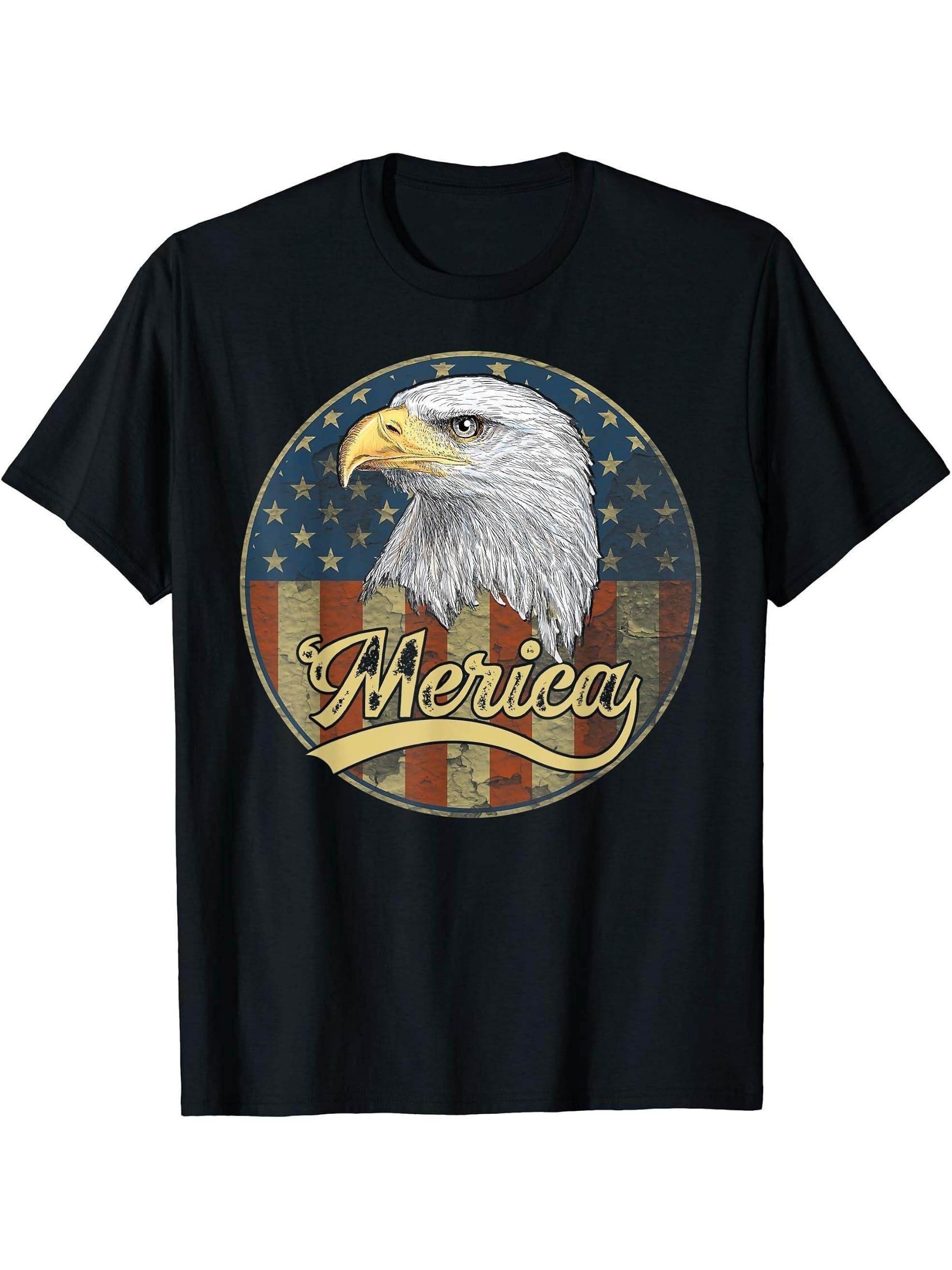 American Pride 4th Of July Bald Eagle USA Merica Distressed T-Shirt 180G 100% Cotton Printed Round Neck Short-Sleeve T-Shirt, Gifts for Men Dad Husband Grandpa, S-XXXL, Black