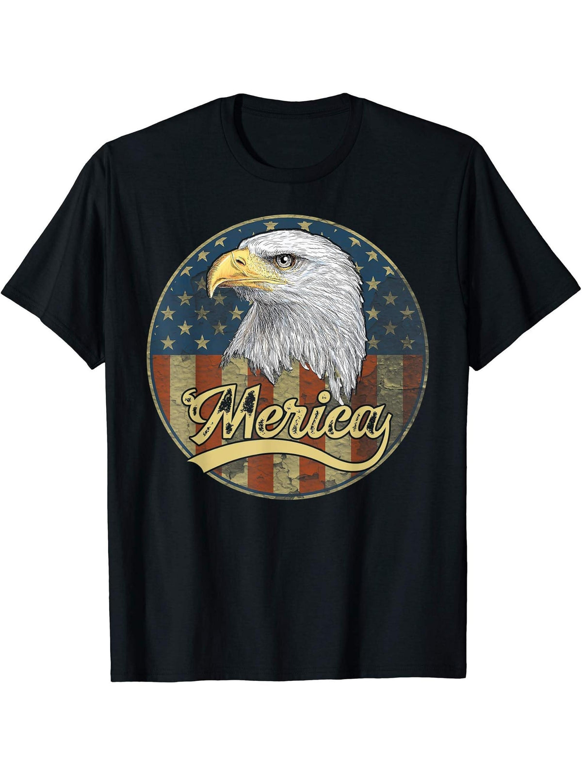 American Pride 4th Of July Bald Eagle USA Merica Distressed T-Shirt 180G 100% Cotton Printed Round Neck Short-Sleeve T-Shirt, Gifts for Men Dad Husband Grandpa, S-XXXL, Black