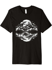 Bald Eagle Reflective Mountain Forest Graphic Art Design Premium T-Shirt 180G 100% Cotton Printed Round Neck Short-Sleeve T-Shirt, Gifts for Men Dad Husband Grandpa, S-XXXL, Black