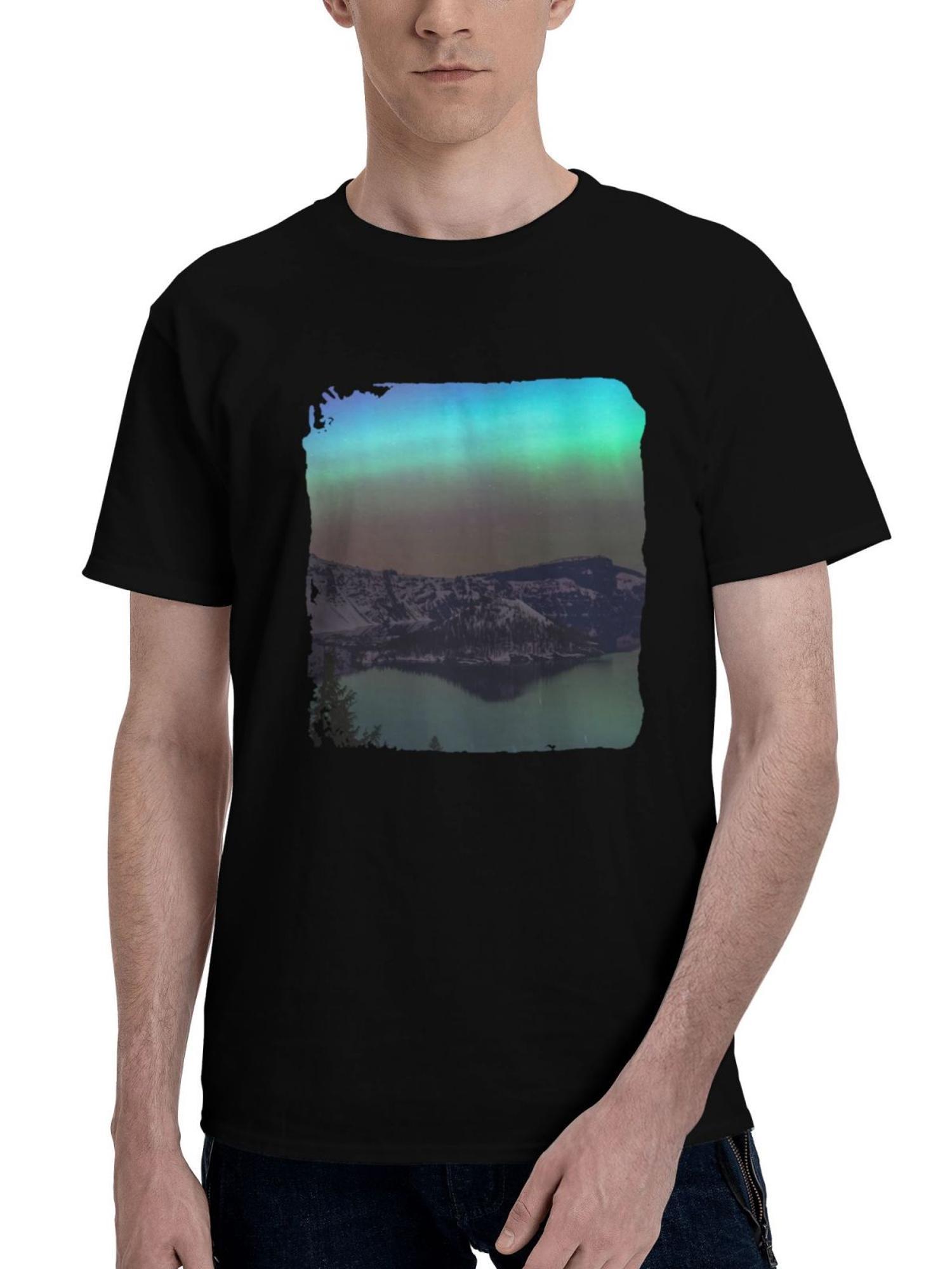 Aurora-At Crater Lake Oregon 180G 100% Cotton Printed Round Neck Short-Sleeve T-Shirt, Christmas Gifts for Men Dad Husband Grandpa, S-XXXL, Black