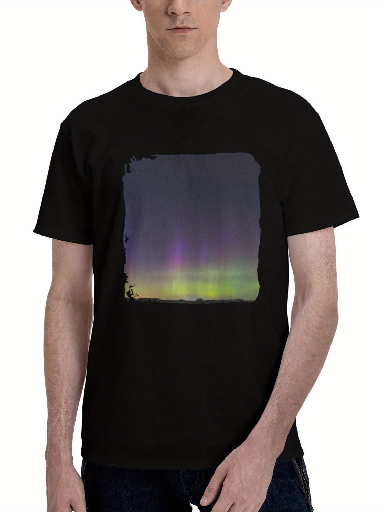 Aurora-Borealis Northern Light Lake 180G 100% Cotton Printed Round Neck Short-Sleeve T-Shirt, Christmas Gifts for Men Dad Husband Grandpa, S-XXXL, Black