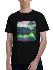 Aurora-Lights On Fiordland New Zealand 180G 100% Cotton Printed Round Neck Short-Sleeve T-Shirt, Christmas Gifts for Men Dad Husband Grandpa, S-XXXL, Black