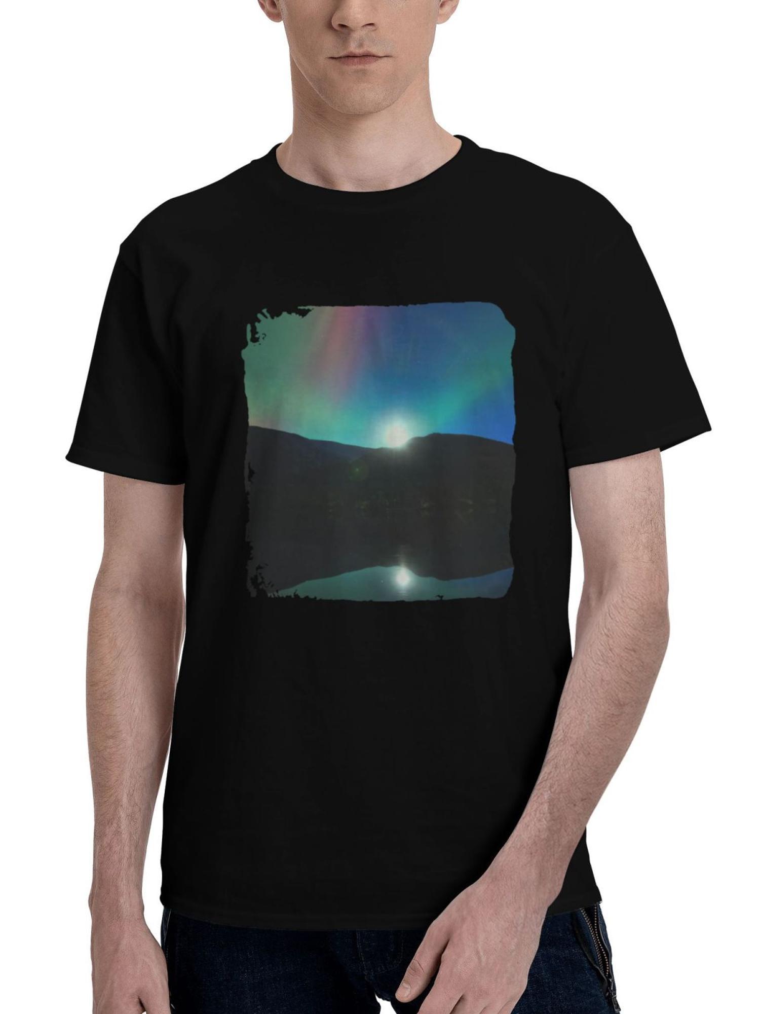 Aurora-Night Mountains Reflection 180G 100% Cotton Printed Round Neck Short-Sleeve T-Shirt, Christmas Gifts for Men Dad Husband Grandpa, S-XXXL, Black