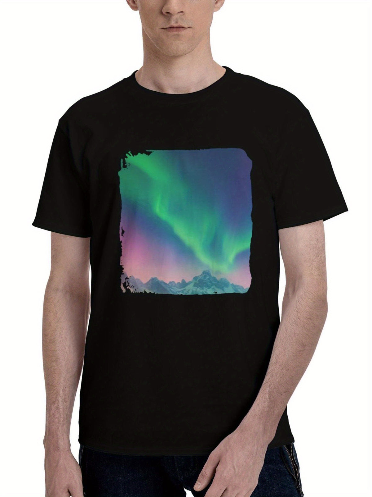 Aurora-Landscape Sky 180G 100% Cotton Printed Round Neck Short-Sleeve T-Shirt, Christmas Gifts for Men Dad Husband Grandpa, S-XXXL, Black