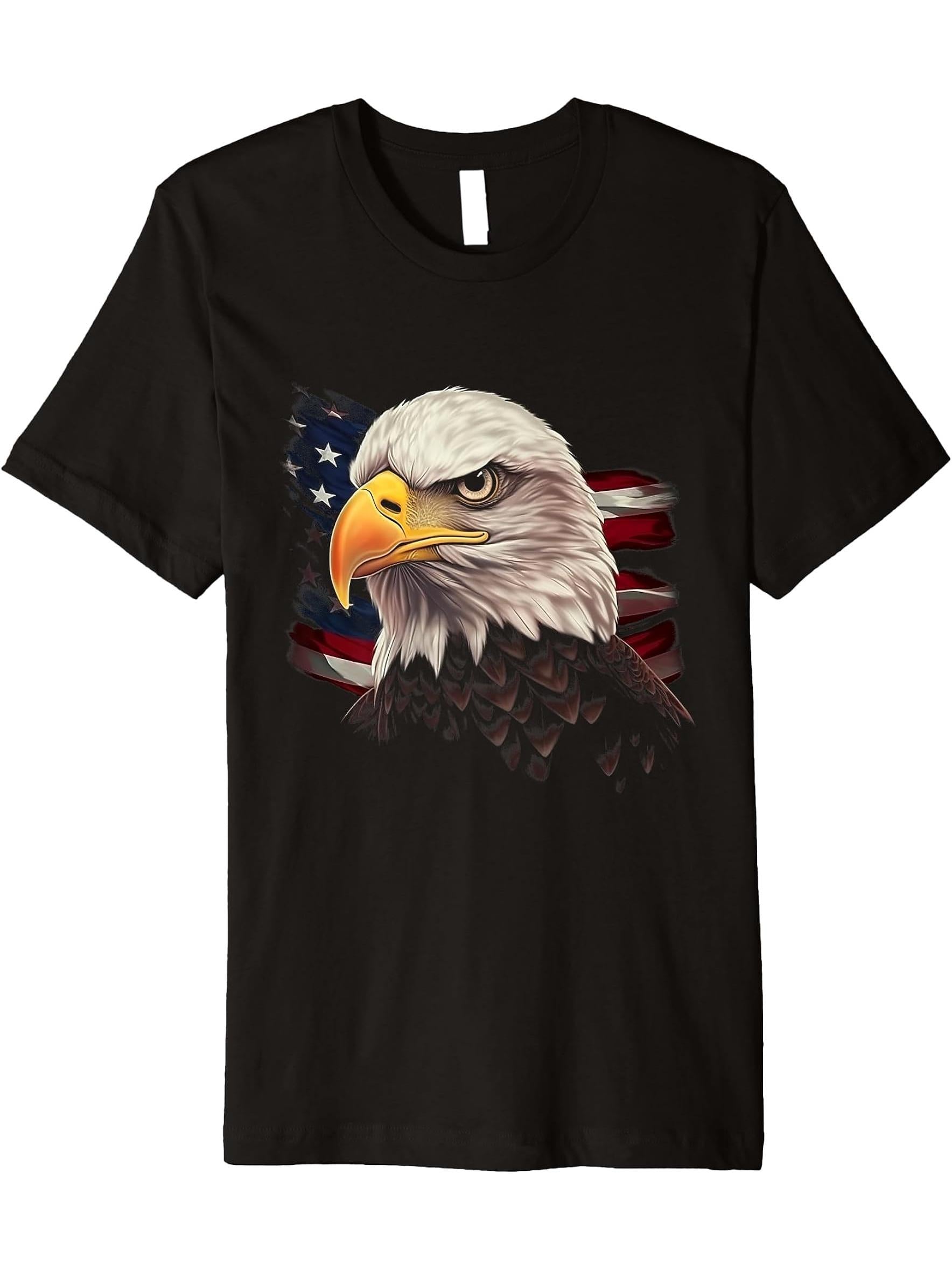 American Bald Eagle American Flag USA Bald Eagle Premium T-Shirt 180G 100% Cotton Printed Round Neck Short-Sleeve T-Shirt, Gifts for Men Dad Husband Grandpa, S-XXXL, Black