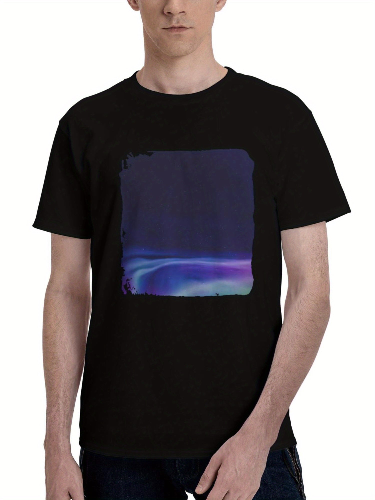 Aurora-Northern Lights Sky 180G 100% Cotton Printed Round Neck Short-Sleeve T-Shirt, Christmas Gifts for Men Dad Husband Grandpa, S-XXXL, Black