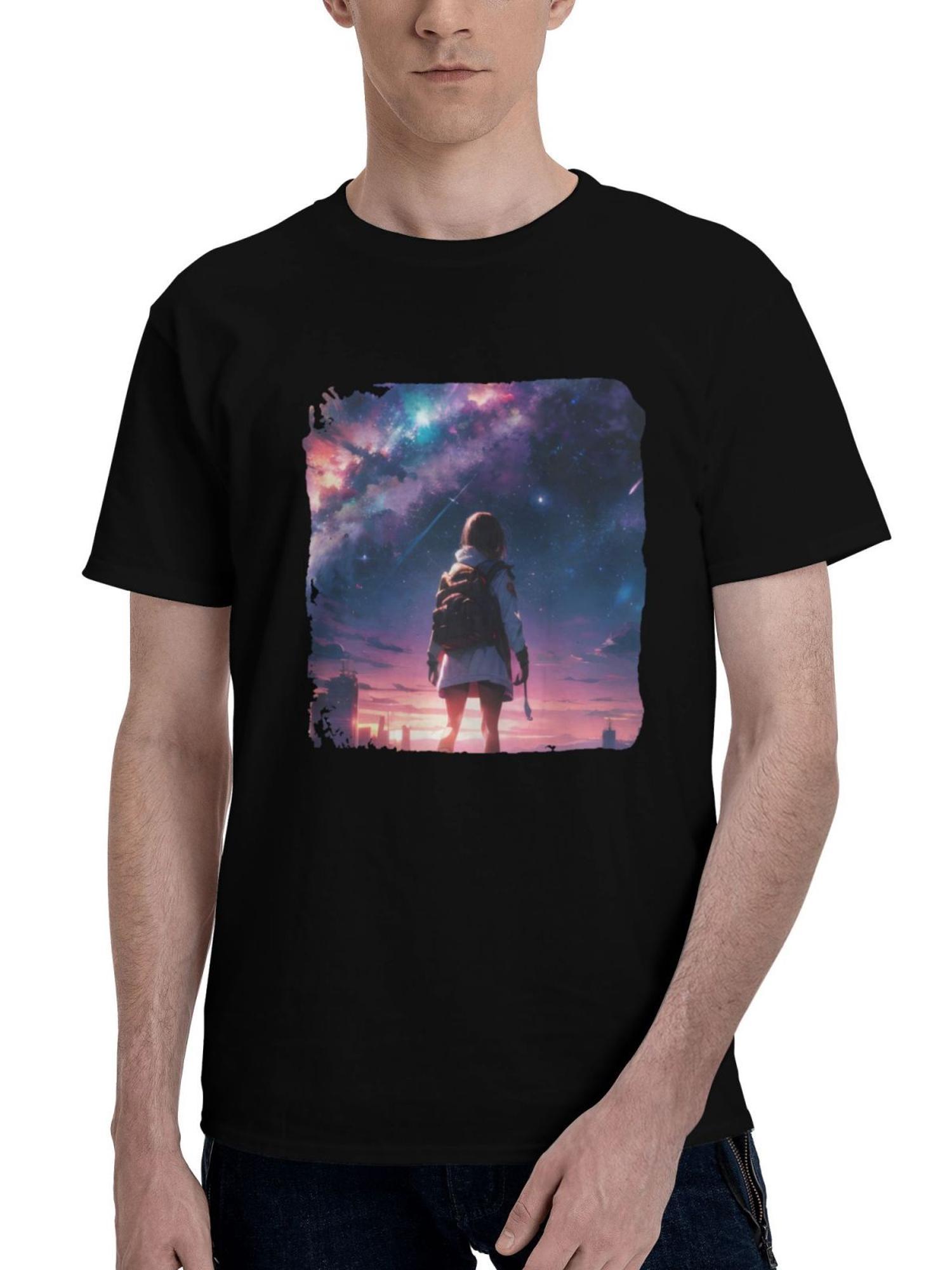 Aurora-S Embrace A Borealis Beauty In Anime 180G 100% Cotton Printed Round Neck Short-Sleeve T-Shirt, Christmas Gifts for Men Dad Husband Grandpa, S-XXXL, Black