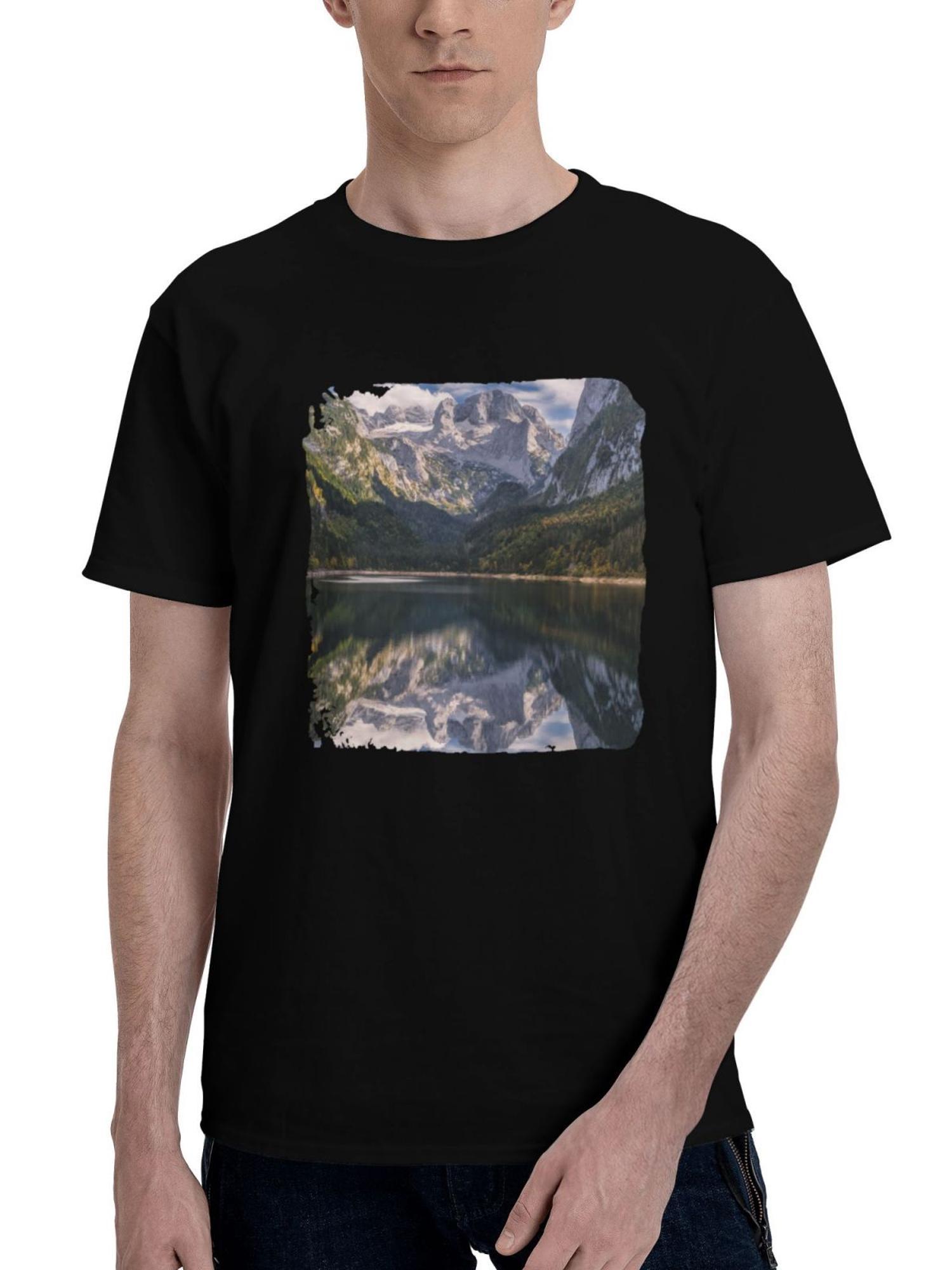 Austria-Mountains Lake Autumn Scenery 180G 100% Cotton Printed Round Neck Short-Sleeve T-Shirt, Christmas Gifts for Men Dad Husband Grandpa, S-XXXL, Black