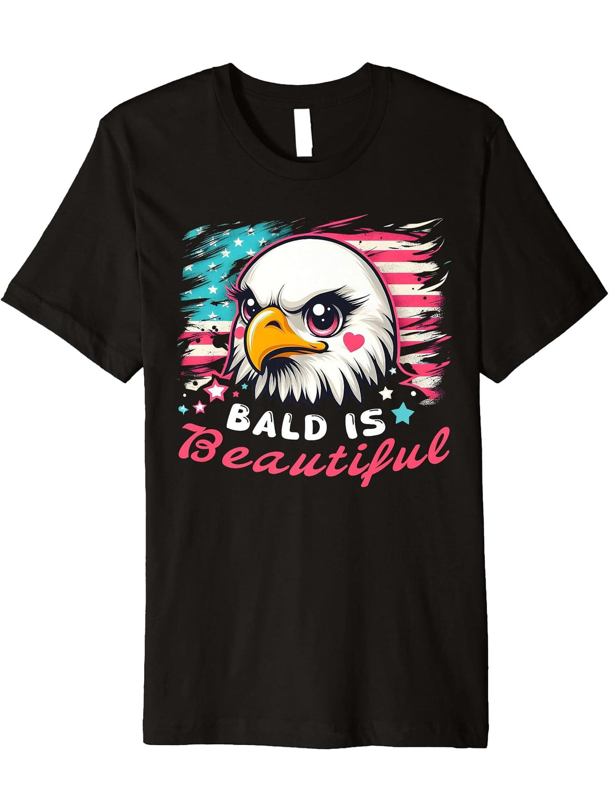 Bald Is Beautiful Makeup Eagle Bird American Flag Patriotic Premium T-Shirt 180G 100% Cotton Printed Round Neck Short-Sleeve T-Shirt, Gifts for Men Dad Husband Grandpa, S-XXXL, Black
